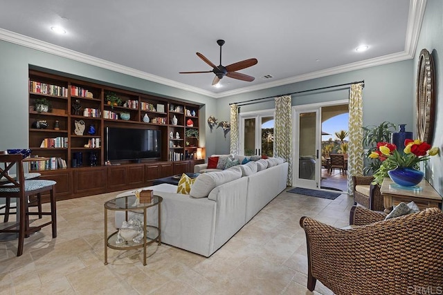 living room with ornamental molding, visible vents, and ceiling fan