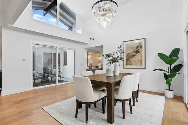 dining space with a chandelier, beam ceiling, baseboards, and wood finished floors