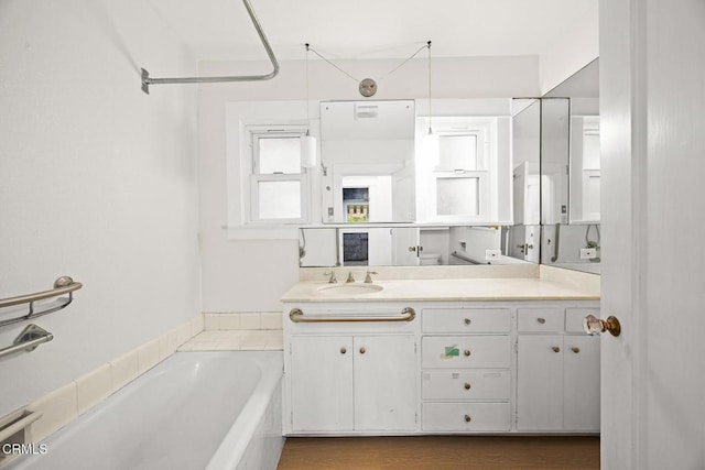 full bathroom featuring wood finished floors, a bath, and vanity