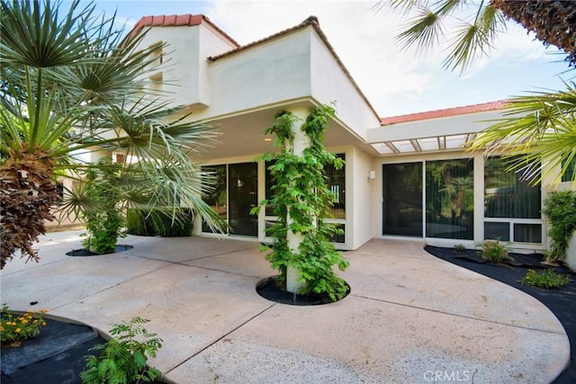 doorway to property with stucco siding, a patio, and a tile roof