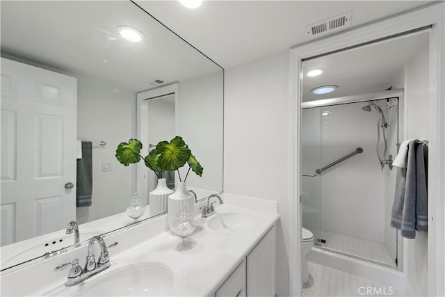 bathroom with double vanity, visible vents, a shower stall, and a sink