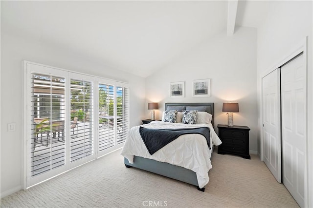 bedroom featuring beam ceiling, access to outside, high vaulted ceiling, and light carpet