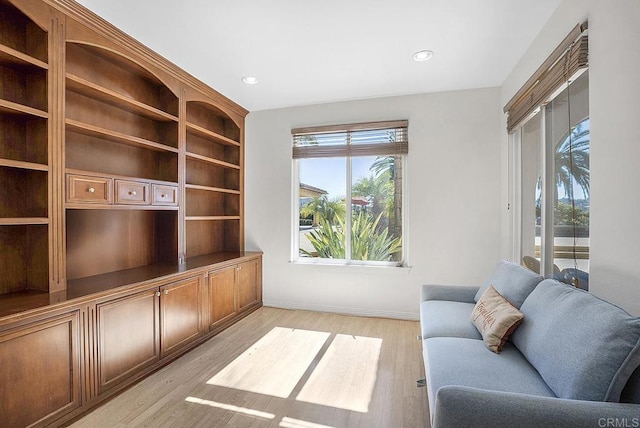 living area featuring light wood finished floors, baseboards, and recessed lighting