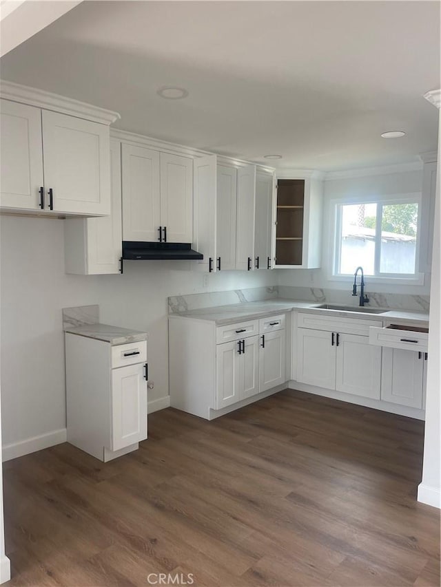 kitchen featuring baseboards, dark wood finished floors, light countertops, white cabinetry, and a sink