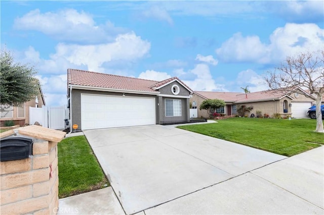 ranch-style home with stucco siding, a front lawn, concrete driveway, a garage, and a tiled roof