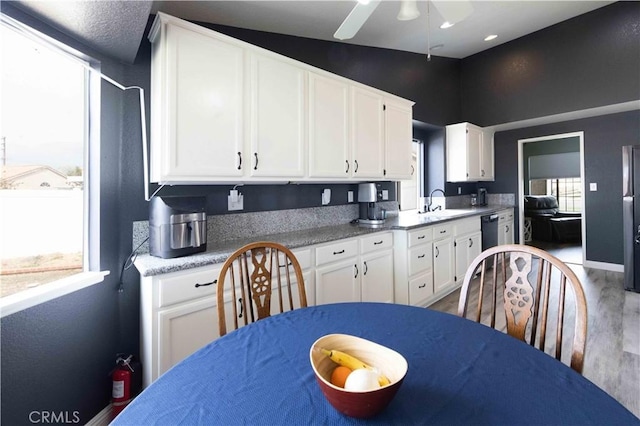 kitchen with white cabinetry, ceiling fan, wood finished floors, and a sink