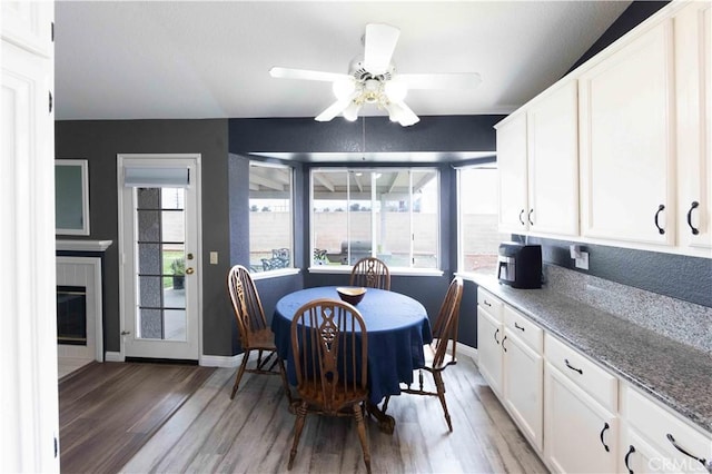 dining area with baseboards, plenty of natural light, light wood-style flooring, and a tiled fireplace