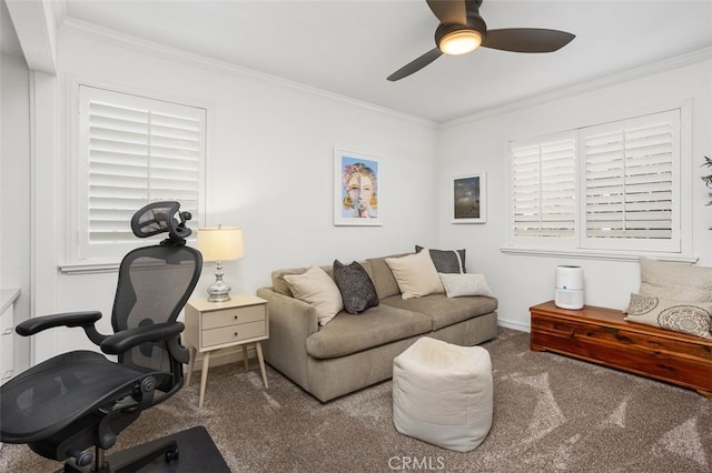 carpeted home office featuring crown molding, a healthy amount of sunlight, and ceiling fan