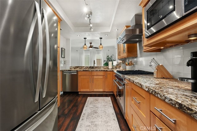 kitchen featuring a tray ceiling, dark wood finished floors, stainless steel appliances, wall chimney range hood, and decorative backsplash