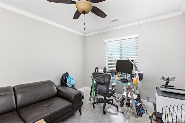 1905 Oxford Ct, Vista, CA 92081 - carpeted home office featuring a ceiling fan and ornamental molding