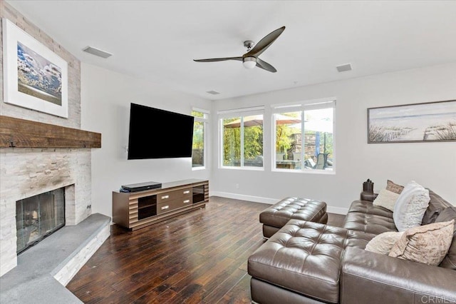 1905 Oxford Ct, Vista, CA 92081 - living area with wood finished floors, ceiling fan, and a fireplace