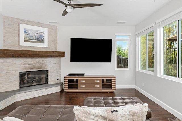 1905 Oxford Ct, Vista, CA 92081 - living room with wood finished floors, a ceiling fan, and a fireplace