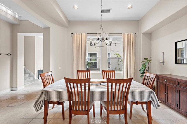 dining area featuring a chandelier, visible vents, recessed lighting, and stairway