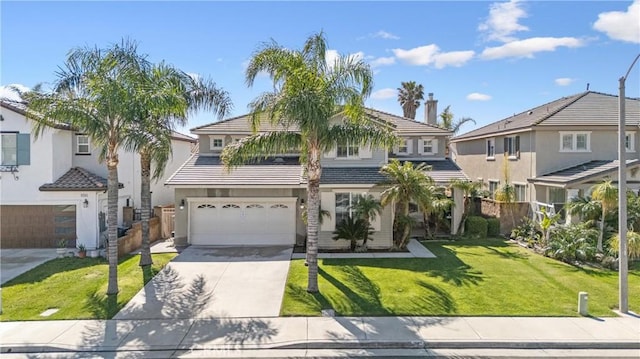 view of front of house featuring a front yard, a tiled roof, an attached garage, and driveway