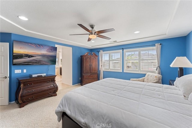 carpeted bedroom featuring visible vents, recessed lighting, and ceiling fan