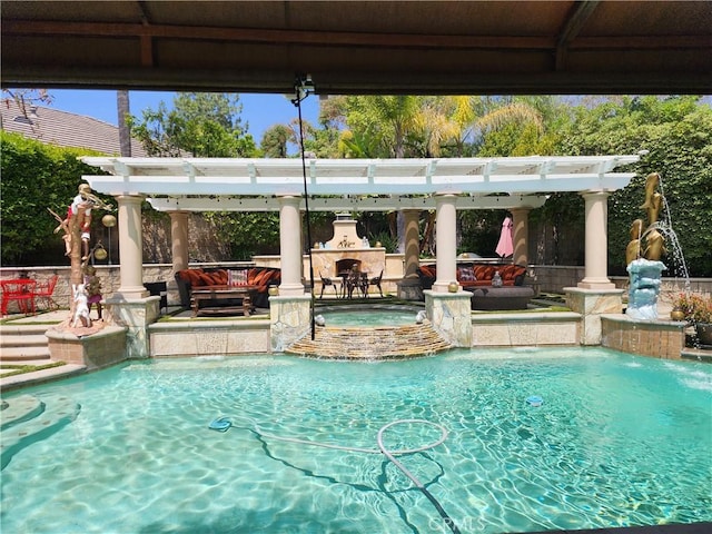 pool with an in ground hot tub, a pergola, and a patio