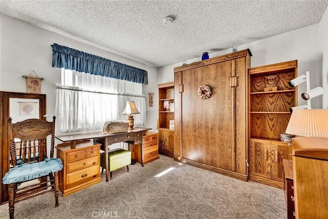 carpeted home office with a textured ceiling