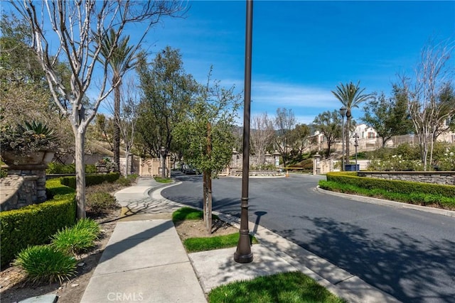 view of road featuring curbs, sidewalks, and a gated entry