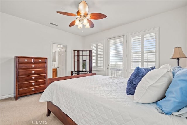 12680 Encino Ct, Rancho Cucamonga, CA 91739 - bedroom featuring access to outside, light carpet, ceiling fan, and connected bathroom