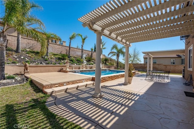 view of pool featuring a patio, a pergola, outdoor dining area, and a fenced backyard