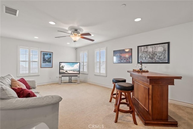 12680 Encino Ct, Rancho Cucamonga, CA 91739 - living room featuring ceiling fan, light carpet, recessed lighting, and baseboards