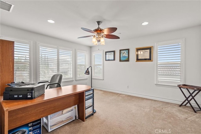 carpeted office with recessed lighting, a ceiling fan, visible vents, and baseboards