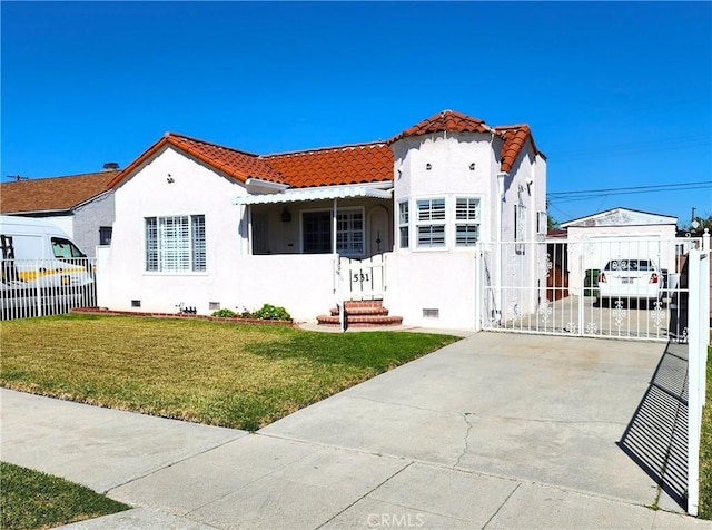 mediterranean / spanish-style home featuring a front yard, fence, stucco siding, crawl space, and a tile roof