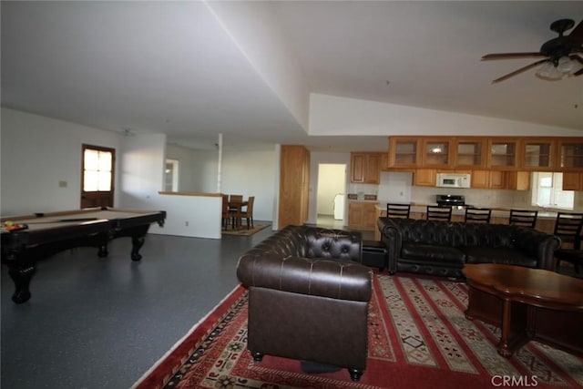 living room with lofted ceiling, billiards, and ceiling fan