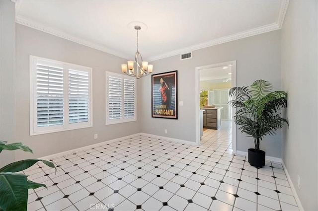 43966 Highlander Dr, Temecula, CA 92592 - unfurnished dining area with a chandelier, light floors, crown molding, and baseboards