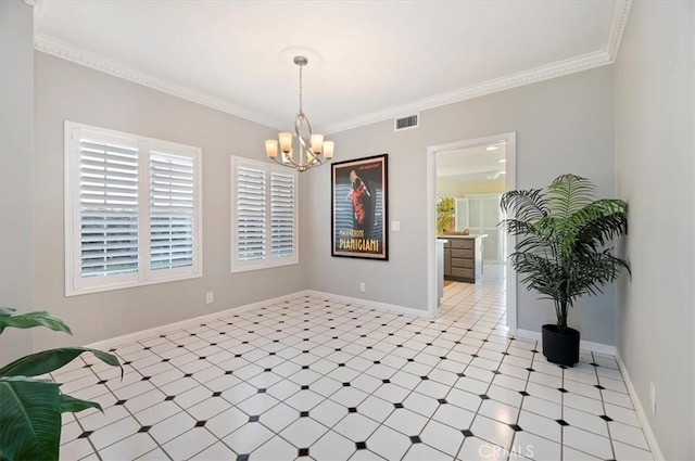 43966 Highlander Dr, Temecula, CA 92592 - unfurnished dining area featuring a chandelier, light floors, and ornamental molding