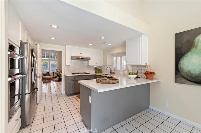 43966 Highlander Dr, Temecula, CA 92592 - kitchen featuring under cabinet range hood, stainless steel appliances, a peninsula, backsplash, and recessed lighting