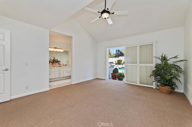 43966 Highlander Dr, Temecula, CA 92592 - spare room with light carpet, a ceiling fan, and lofted ceiling