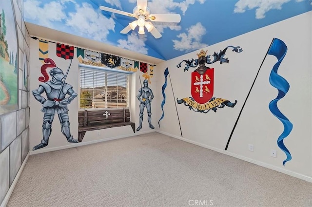 43966 Highlander Dr, Temecula, CA 92592 - carpeted bedroom with baseboards, lofted ceiling, and ceiling fan