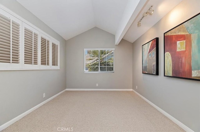 43966 Highlander Dr, Temecula, CA 92592 - unfurnished room featuring carpet, lofted ceiling, baseboards, and track lighting
