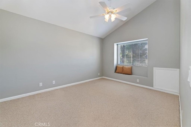 43966 Highlander Dr, Temecula, CA 92592 - unfurnished room featuring ceiling fan, light colored carpet, baseboards, and high vaulted ceiling