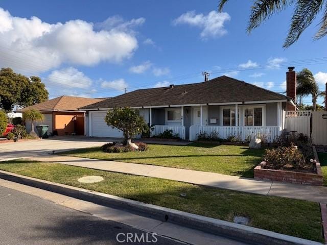 ranch-style house with a front lawn, a porch, fence, concrete driveway, and an attached garage