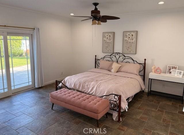 bedroom featuring baseboards, ornamental molding, recessed lighting, stone tile flooring, and access to outside