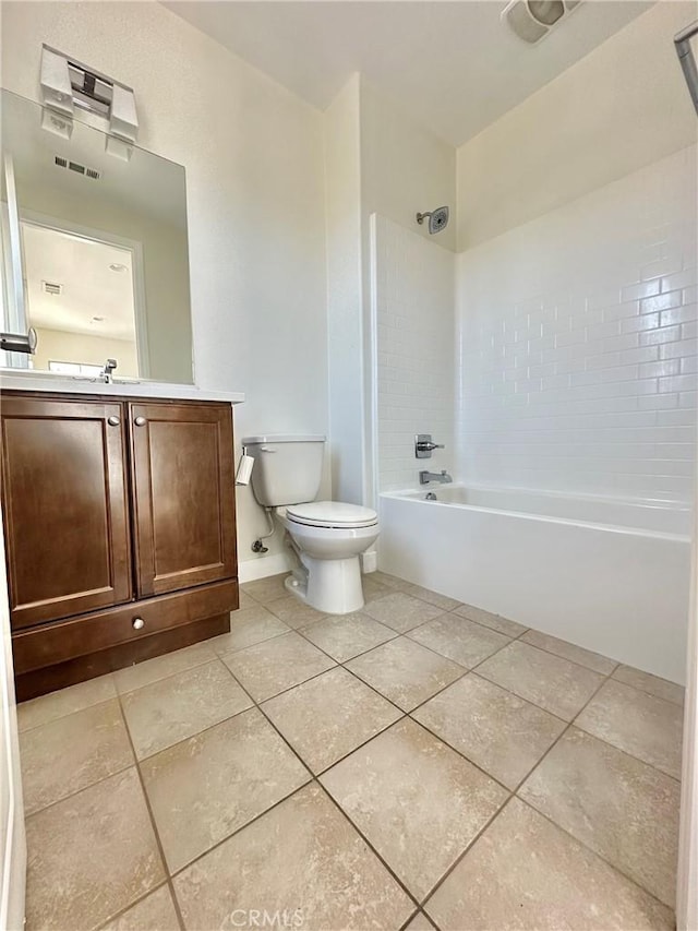 full bathroom featuring visible vents, toilet, shower / washtub combination, tile patterned flooring, and vanity