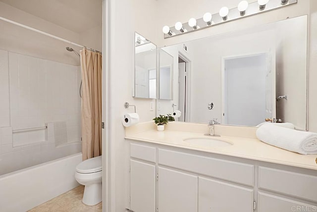 bathroom with vanity, toilet, shower / bathtub combination with curtain, and tile patterned flooring