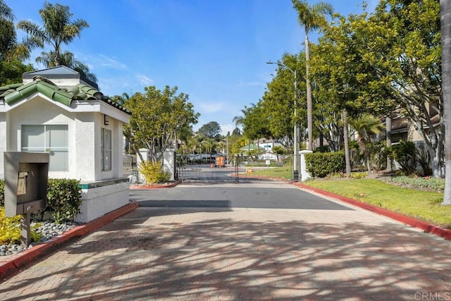 view of street with curbs, street lights, a gated entry, and a gate