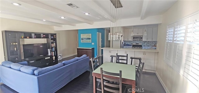 living area with beam ceiling, recessed lighting, baseboards, and visible vents