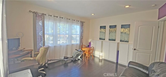 office area with recessed lighting and wood finished floors