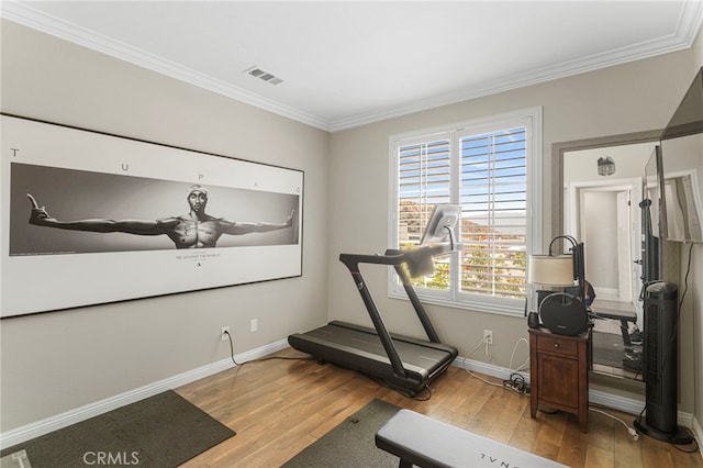 workout room featuring visible vents, ornamental molding, baseboards, and wood-type flooring