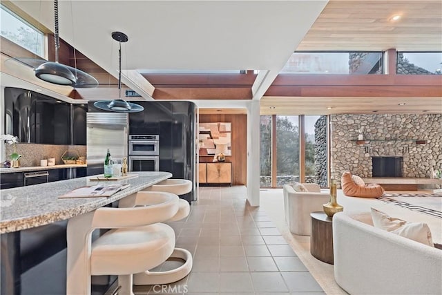 kitchen featuring light tile patterned floors, stainless steel appliances, a healthy amount of sunlight, and a fireplace