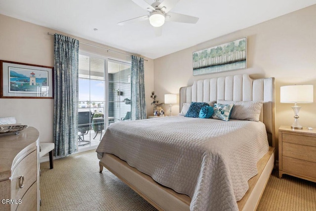 carpeted bedroom featuring ceiling fan and access to outside