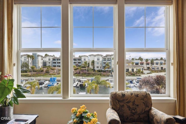 interior details with a water view