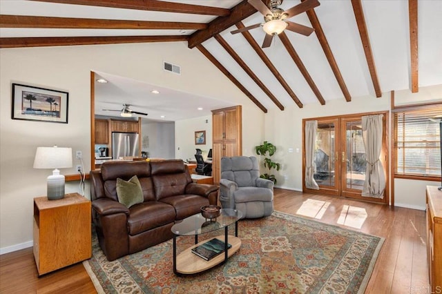 living room with visible vents, beam ceiling, french doors, wood-type flooring, and baseboards