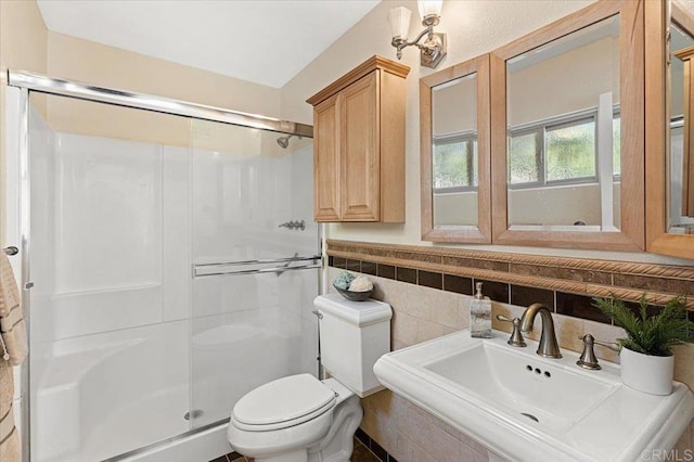 full bathroom with a sink, toilet, tile walls, and a shower stall