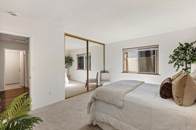 bedroom with carpet flooring, a closet, and a textured ceiling