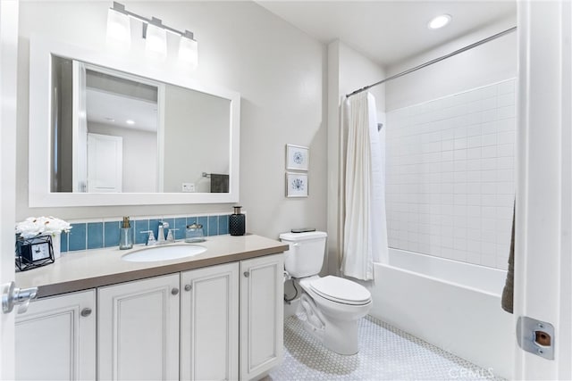 bathroom with vanity, recessed lighting, tile patterned flooring, toilet, and shower / tub combo with curtain